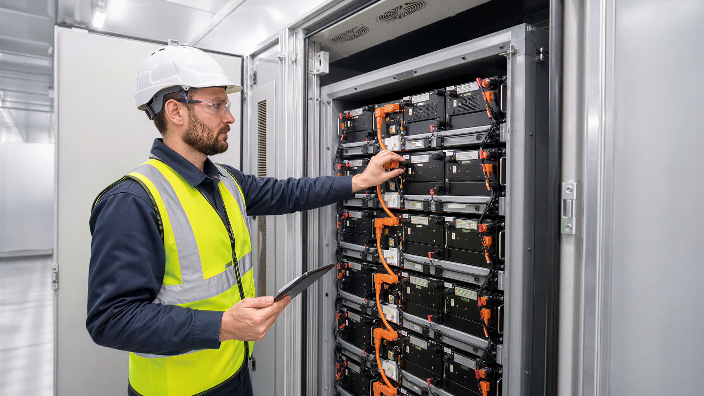 A technician in a hard hat and high-visibility vest checking a rack of battery modules inside a storage container, the open door beside him giving a sense of the unit’s size