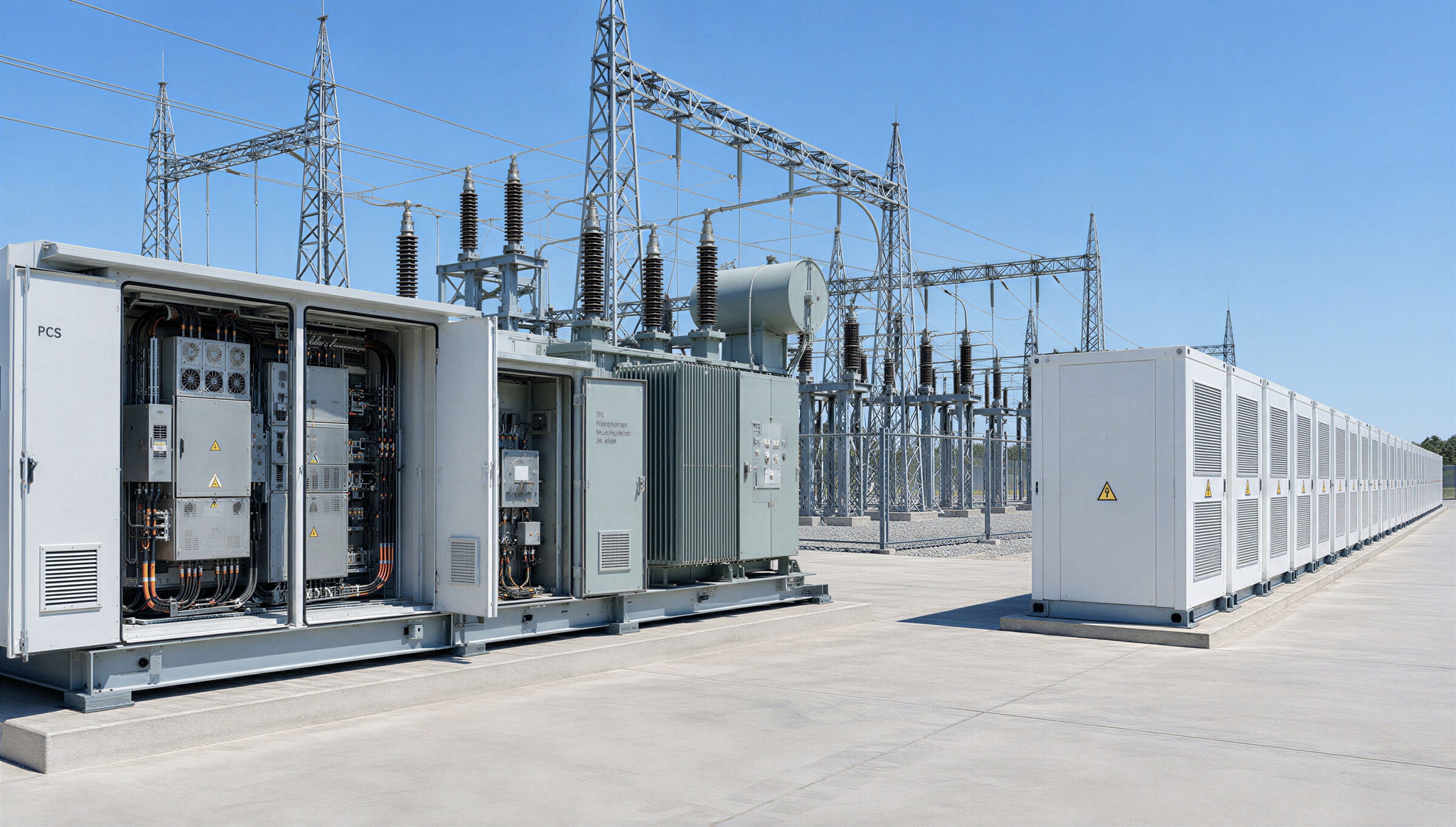Power conversion cabinets standing open beside a row of battery containers at an electrical substation